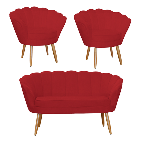 Kit Pétala Namoradeira e 2 Poltronas Decorativa Pés Palito Suede Vermelho - LM DECOR