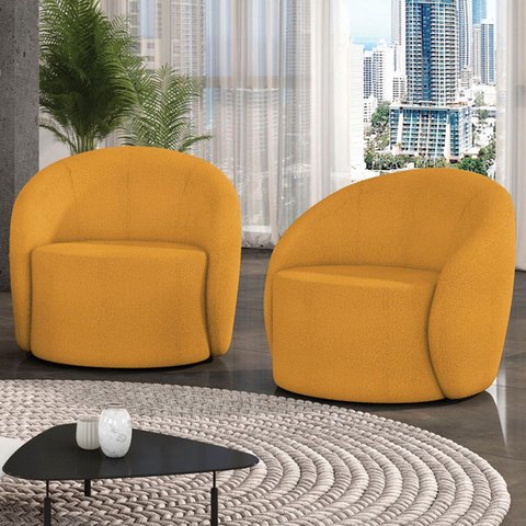 Poltrona Sala Decorativa Redonda Kit 2 Steve Boucle Mostarda I01 - Mpozenato