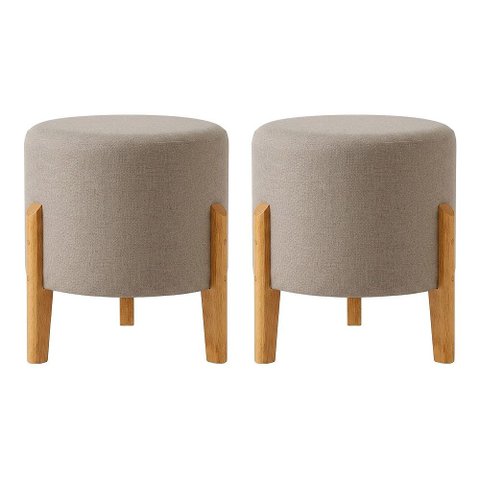 Kit com 2 Puffs Elegance em Linho Pés de Madeira Design Minimalista Sala Moderna Premium - Bege