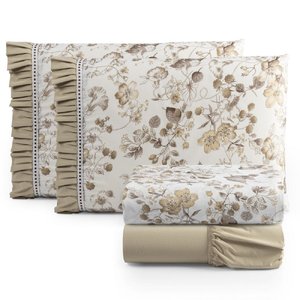 Jogo de Lençol Cama Casal 4 Peças 100% Algodão Percal 180 fios Babadinho: Caqui Floral