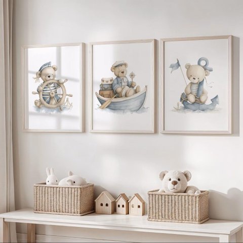 Kit 3 Quadros Decorativos Infantil | Fundo do Mar - Urso Marinheiro NO2 - 40x60 - Moldura Madeira