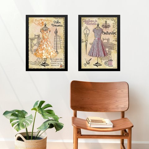 Kit 2 Quadros Vintage Moda Manequins - Vestidos 33x24cm - com Vidro:moldura Branca