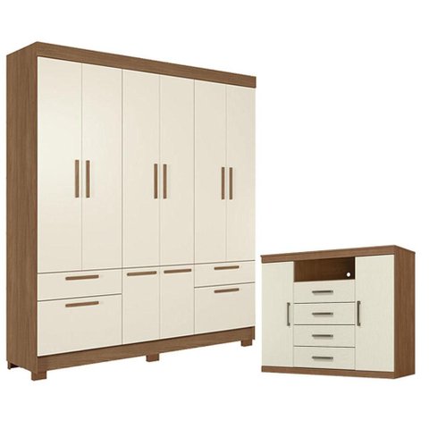 Guarda Roupa Casal 8 Portas Curitiba e Cômoda Havana Master Jatobá Areia Acetinado - Santos Andirá