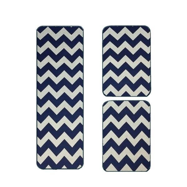 Tapete Jogo de Cozinha Liso Kit com 3 Peças com Antiderrapante - Azul e Branco Zigzag - 1