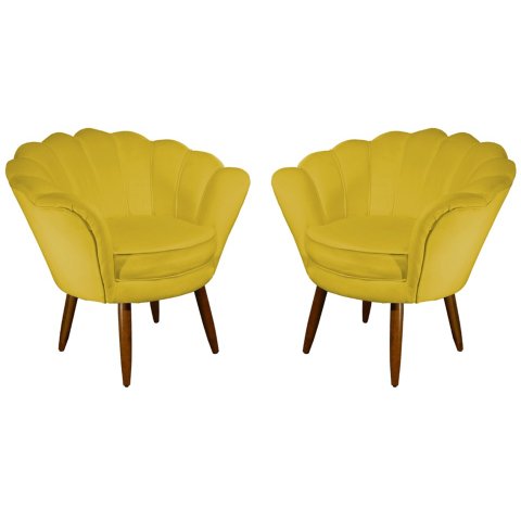 Kit 2 Poltronas Decorativa Pétala Couro Amarelo Pés Madeira Mz Decor