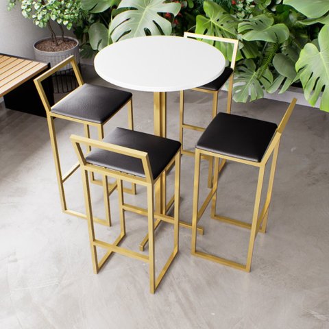 Jogo Mesa Alta Bistrô Redonda Branca 4 Banquetas Estofado Confort Industrial Dourado Don Castro Deco