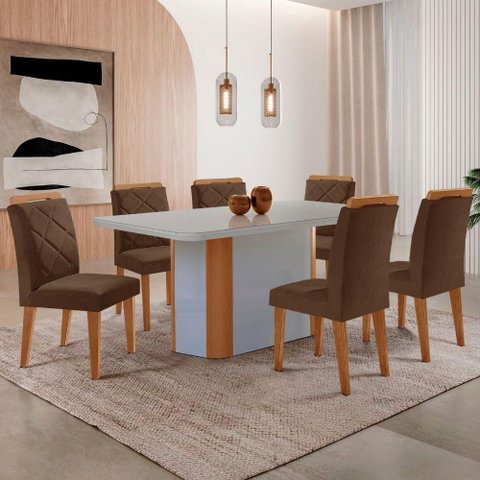 Mesa Isadora 180cm MDF Vidro e 6 Cadeiras Melissa Vel Marrom /Off /Naturale /Serig Off com Vidro