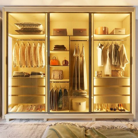 Guarda-Roupa Casal 3 Portas Reflecta com Pés e LED 100% MDF Platinum Bege/Off White
