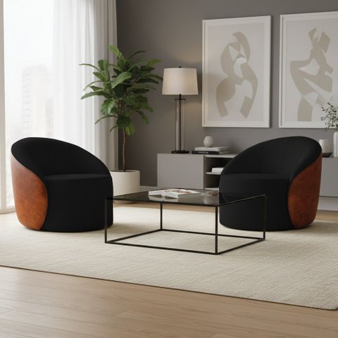 Poltrona Sala Orgânica Kit 2 Lua Fixa Sintético Pu Nozes/linho D03 - D’Rossi