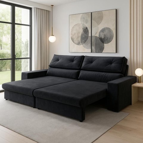 Sofá Hera 4 Lugares Retrátil e Reclinável 230cm Preto Suede