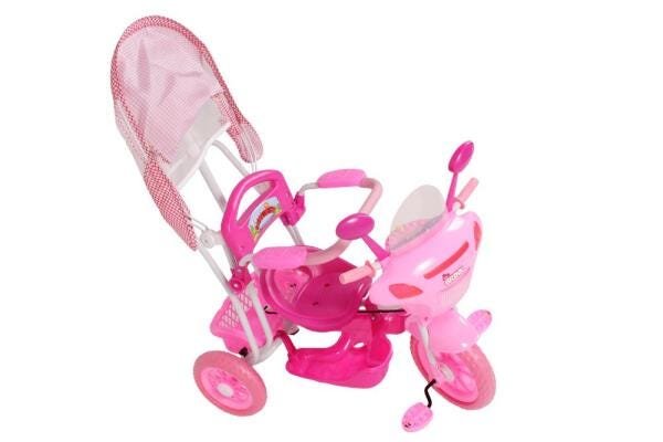 Triciclo Motinha Infantil C/ Capota Rosa Passeio E Pedal Bel