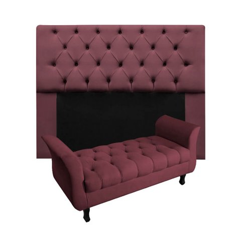 Kit Cabeceira Mirage + Calçadeira Grécia Casal 140cm Suede - Ecotec Decor:Vinho