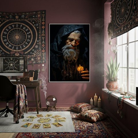 Quadro Decorativo Um Velho Mago - Feiticeiro - 70x50cm:moldura Preta