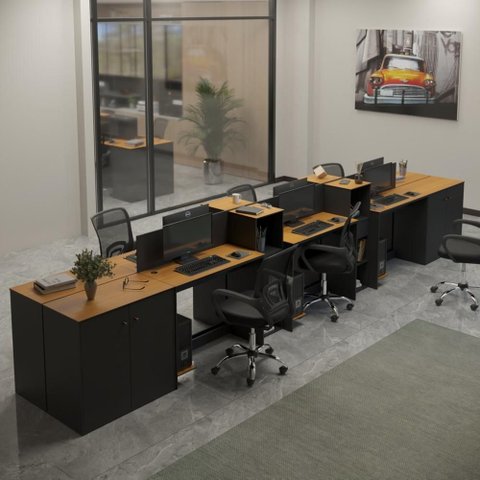 Estação de Trabalho 6 Lugares Noruega Office 6 Mesas 4 Armários 4 Aparadores - Via Nossa - Preto