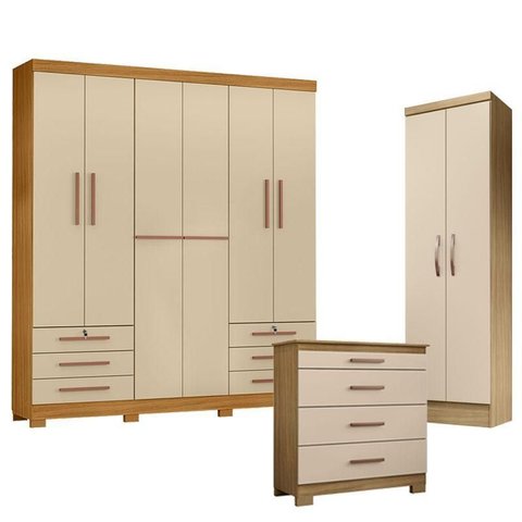 Guarda Roupa Casal Londres com Cômoda 4 Gavetas New e Armário Multiuso New Egito Carvalho