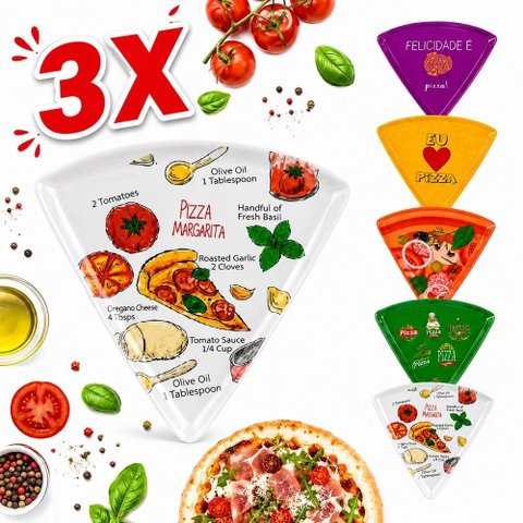 Kit 3 Prato para Pizza Fatia Formato Triangular Divertido 22cm Melamina Cozinha Restaurante Pizzaria