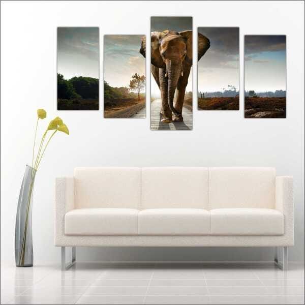 Quadro Decorativo Animais Elefante Salas Interiores Mosaico 5 Peças Com Moldura - 3