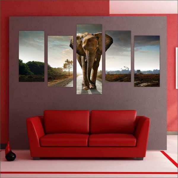 Quadro Decorativo Animais Elefante Salas Interiores Mosaico 5 Peças Com Moldura - 4