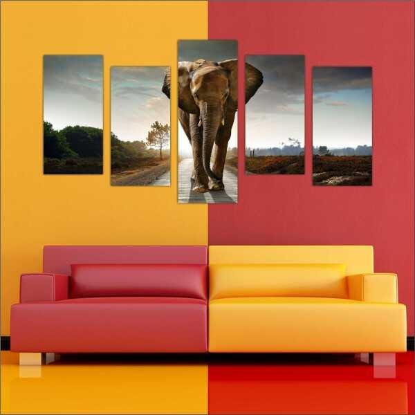 Quadro Decorativo Animais Elefante Salas Interiores Mosaico 5 Peças Com Moldura - 2