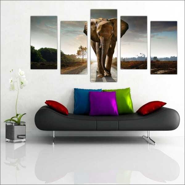 Quadro Decorativo Animais Elefante Salas Interiores Mosaico 5 Peças Com Moldura - 1