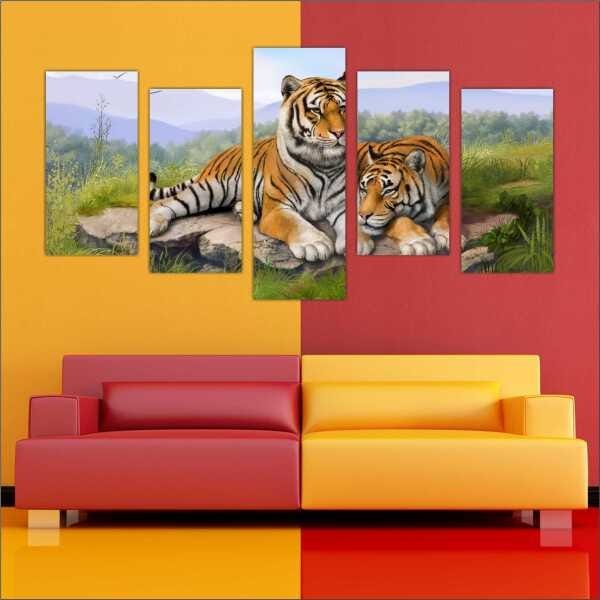 Quadro Decorativo Animais Tigre Salas Interiores Mosaico 5 Peças Com Moldura - 4