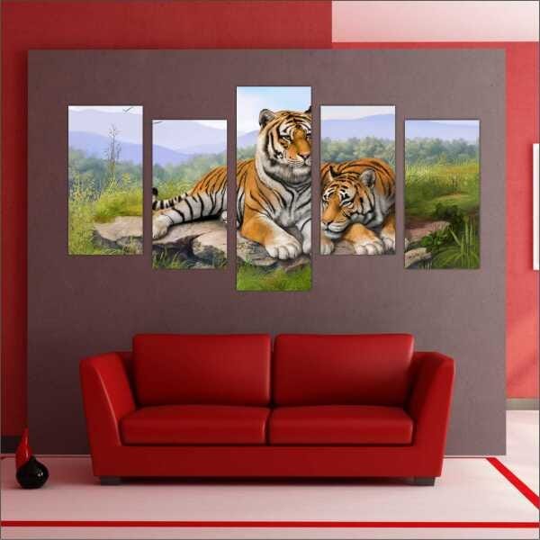 Quadro Decorativo Animais Tigre Salas Interiores Mosaico 5 Peças Com Moldura - 2