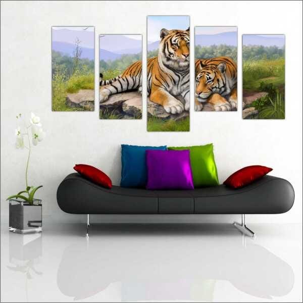 Quadro Decorativo Animais Tigre Salas Interiores Mosaico 5 Peças Com Moldura - 1