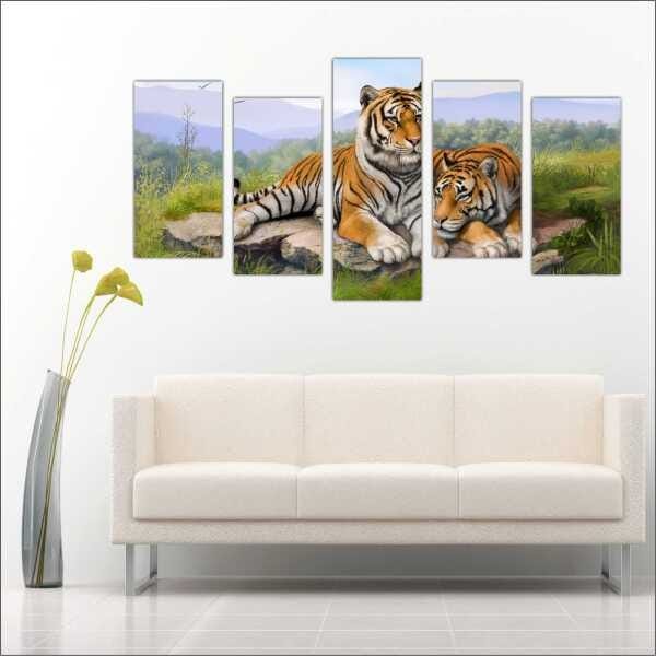 Quadro Decorativo Animais Tigre Salas Interiores Mosaico 5 Peças Com Moldura - 3