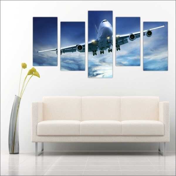 Quadro Decorativo Avião Aeronave Salas Interiores Mosaico 5 Peças Com Moldura - 3
