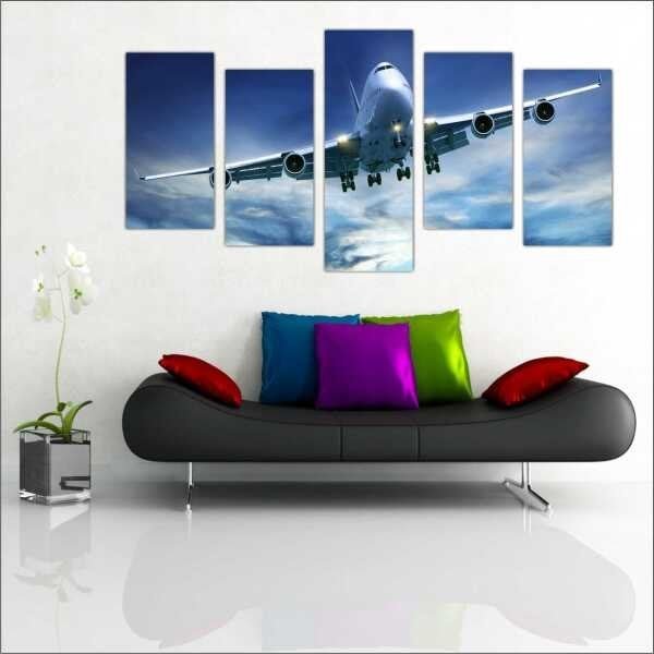 Quadro Decorativo Avião Aeronave Salas Interiores Mosaico 5 Peças Com Moldura - 1