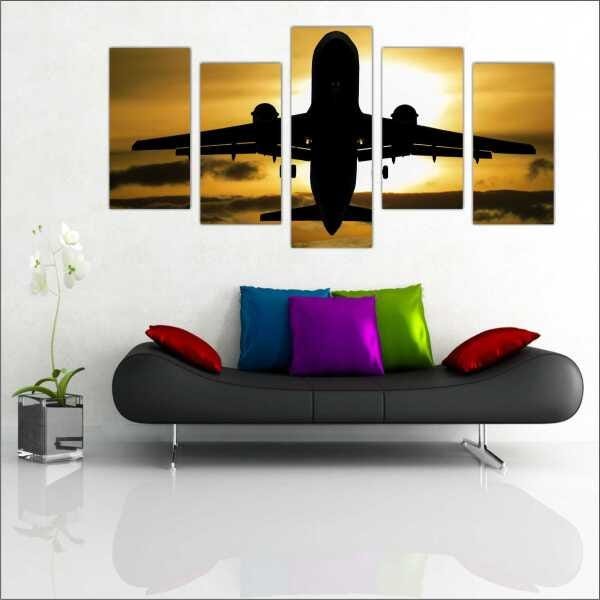 Quadro Decorativo Avião Aeronave Salas Interiores Mosaico 5 Peças Com Moldura - 1