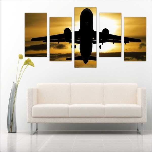 Quadro Decorativo Avião Aeronave Salas Interiores Mosaico 5 Peças Com Moldura - 3