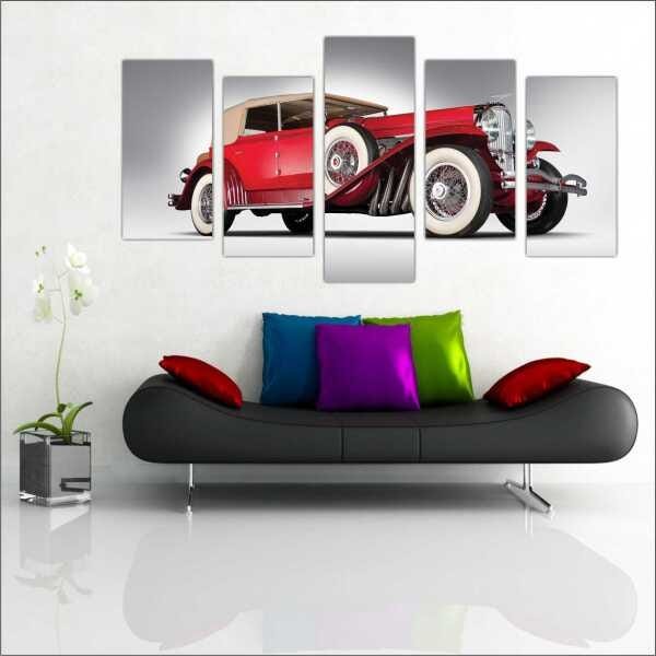 Quadro Decorativo Carros Vintage Retrô Antigos Salas Quartos Interiores Mosaico 5 Peças Com Moldura - 1