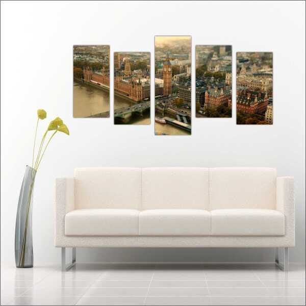 Quadro Decorativo Cidade Inglaterra Londres Salas Interiores Mosaico 5 Peças Com Moldura - 3