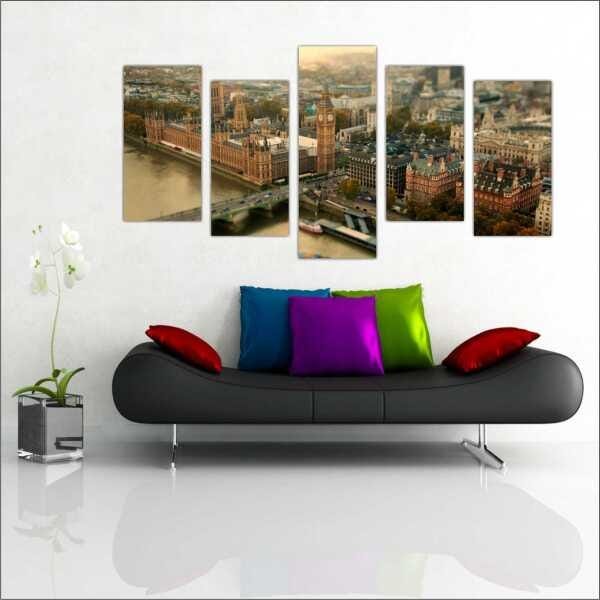 Quadro Decorativo Cidade Inglaterra Londres Salas Interiores Mosaico 5 Peças Com Moldura - 1