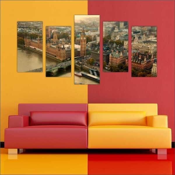 Quadro Decorativo Cidade Inglaterra Londres Salas Interiores Mosaico 5 Peças Com Moldura - 4