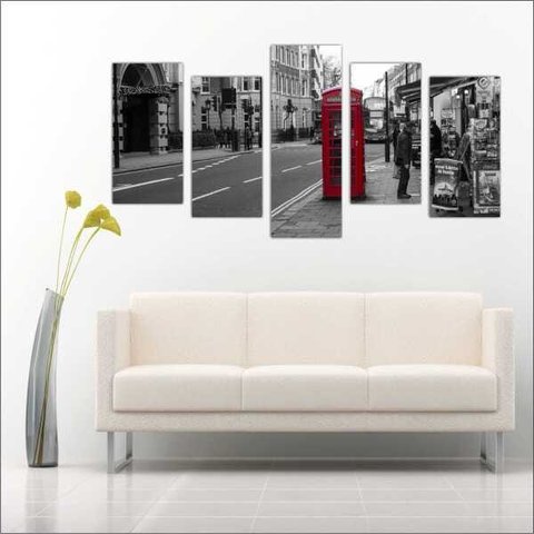 Quadro Decorativo Cidade Inglaterra Londres Salas Interiores Mosaico 5 Peças Com Moldura
