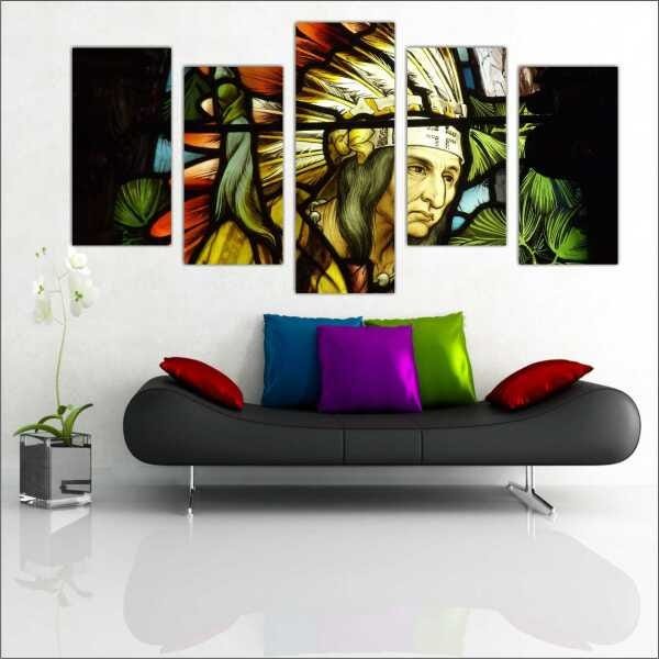 Quadro Decorativo Índio Indígena Salas Quartos Interiores Mosaico 5 Peças Com Moldura - 1