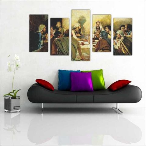Quadro Decorativo Santa Ceia Jesus Apóstolos Religiosidade Salas Interiores 5 Peças Com Moldura