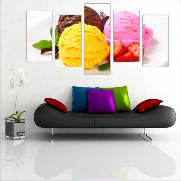 Quadro Decorativo Sorvete Sorveteria Gourmet Interiores Mosaico 5 Peças Com Moldura - 1