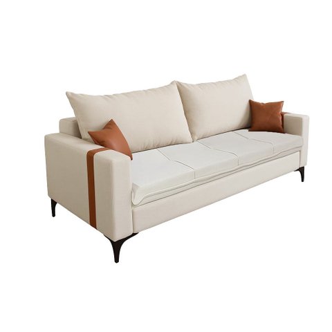 Sofá Living Madri 2 Lugares 1,40m Linho Bege com Detalhe no Braço em Corino Caramelo