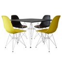 Ver imagem 1 de Conjunto Sala de Jantar Eames de Ferro Branco e Tampo Quadrado Preto 90cm - 4 Cadeiras: 2 Pretas, 2 Amarela