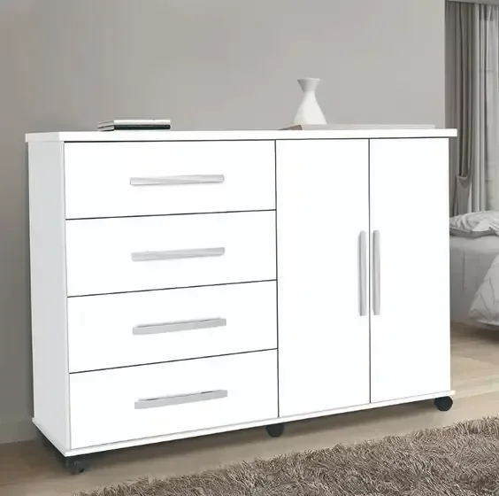 Cômoda Bali 4 Gavetas 2 Portas com Rodinhas Branca - 1