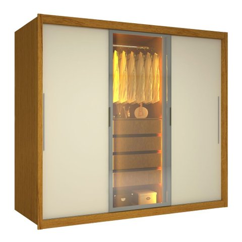 Guarda Roupas Casal 3 Portas de Correr 1 com Vidro Reflecta 4 Gavetas 100% Mdf Lux