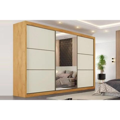 Guarda Roupa Casal Bragança 3 Portas de Coorer (1 C/ Espelho) e 6 Gavetas Off White/peroba - Europa