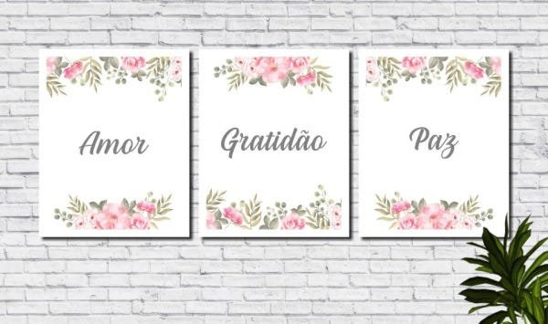 Conjunto de 3 Quadros Flores e Frases Amor Fé Gratidão 40x50cm - 3