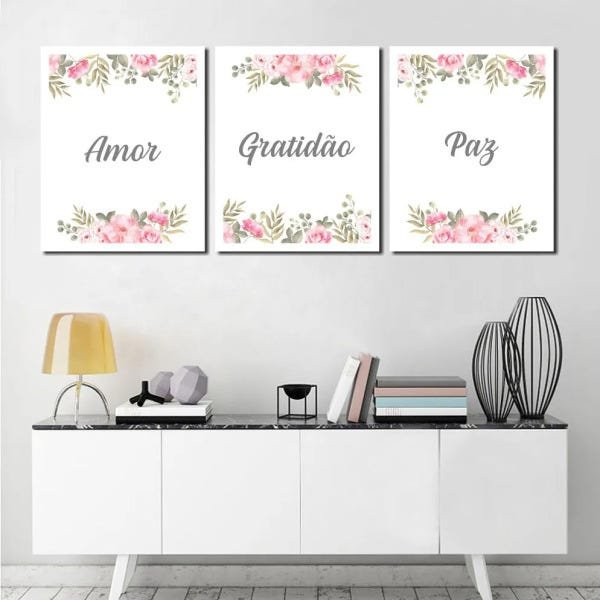 Conjunto de 3 Quadros Flores e Frases Amor Fé Gratidão 40x50cm - 2