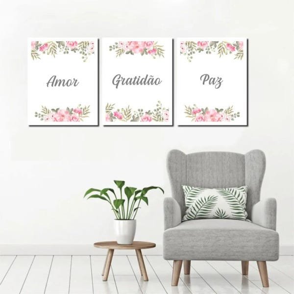 Conjunto de 3 Quadros Flores e Frases Amor Fé Gratidão 40x50cm - 1