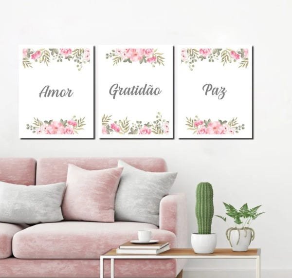 Conjunto de 3 Quadros Flores e Frases Amor Fé Gratidão 40x50cm - 4