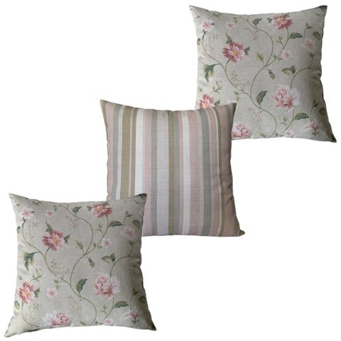 Almofadas Cheias Impermeável Estampa Digital 100% Algodão Kit 3 43CMX43CM:Floral Romântica e Listrad